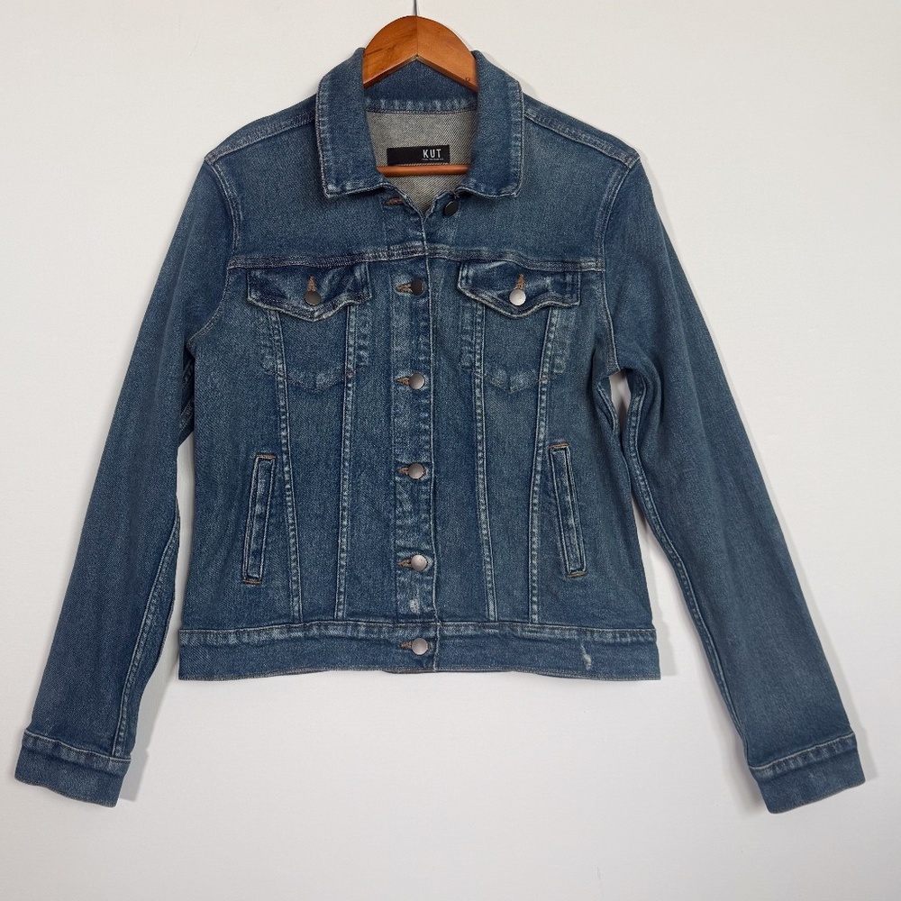 Kut from the Kloth JACQUELINE Cropped Denim Jacket size L dark stone wash color